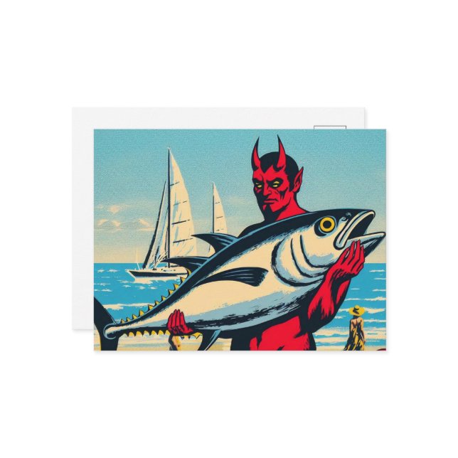 Retro Devil With A Tunafish on the Beach Postcard (Front/Back In Situ)