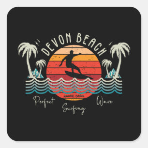 Retro Devon Beach Surfing Square Sticker