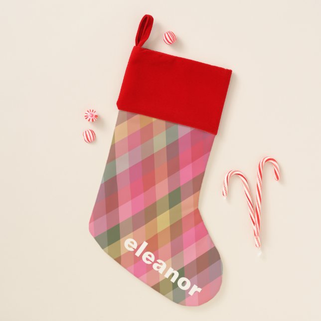 Retro Diagonal Christmas Plaid Cute Holiday Name Christmas Stocking (Front)
