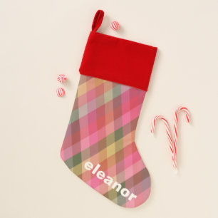 Retro Diagonal Christmas Plaid Cute Holiday Name Stocking