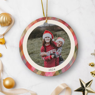 Retro Diagonal Christmas Plaid Cute Photo 2024 Ceramic Ornament