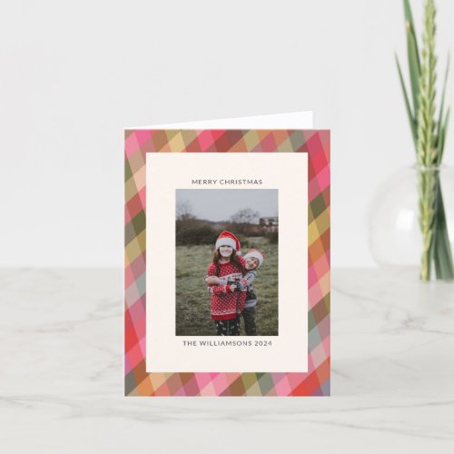 Retro Diagonal Christmas Plaid Cute Photo Blank Holiday Card