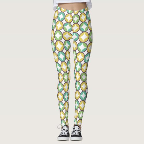 Retro Diamond in Circle Pattern Blue Green Gold Leggings