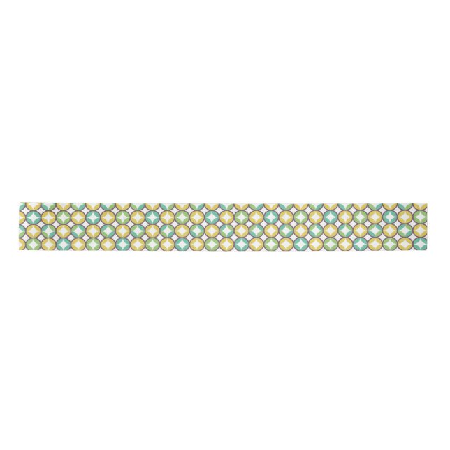 Retro Diamond in Circle Pattern Blue Green Gold Satin Ribbon (Front)