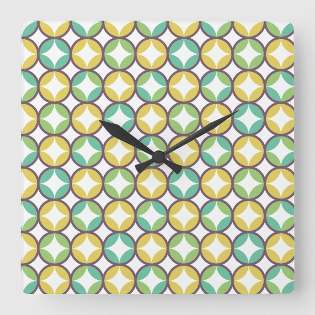 Retro Diamond in Circle Pattern Blue Green Gold Square Wall Clock (Front)