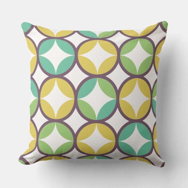 Retro Diamond in Circle Pattern Blue Green Gold Throw Pillow (Front)