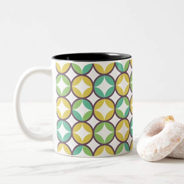Retro Diamond in Circle Pattern Blue Green Gold Two-Tone Coffee Mug (With Donut)