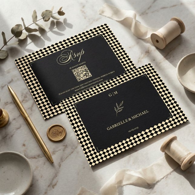 Retro Diamond Pattern Black Gold Wedding QR RSVP Card (Creator Uploaded)