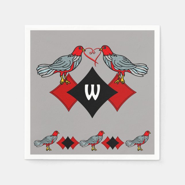 Retro Diamonds, Birds and Heart Worms_Monogrammed Napkins (Front)