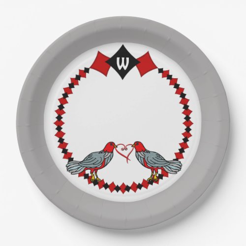 Retro Diamonds Birds and Heart Worms_Monogrammed  Paper Plates