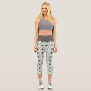 Retro Diamonds Brown Turquoise Capri Leggings