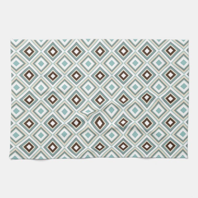 Retro Diamonds Brown Turquoise Kitchen Towel (Horizontal)