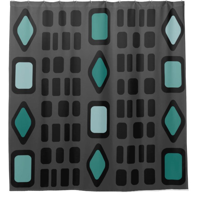 Retro Diamonds Rectangles Black Turquoise Shower Curtain (Front)