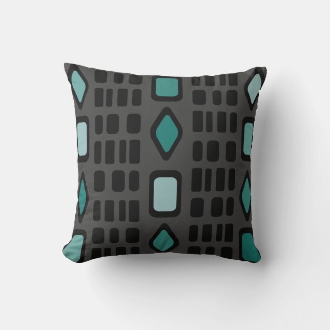 Retro Diamonds Rectangles Black Turquoise Throw Pillow (Front)