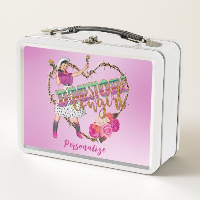Retro Dimestore Cowgirl Western Personalize Metal Lunch Box (Front)