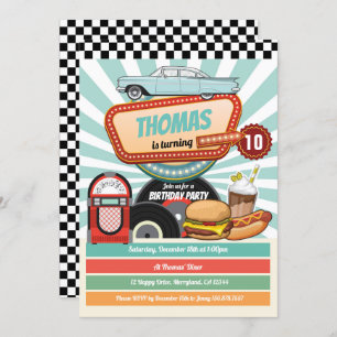 Retro diner birthday vintage burger milkshake invitation
