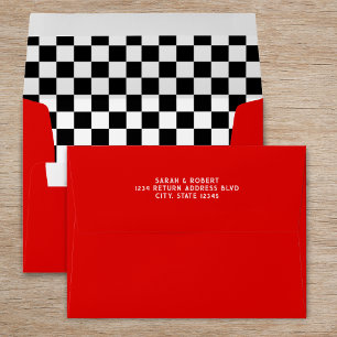 Retro Diner Checkerboard Black White & Red Wedding Envelope