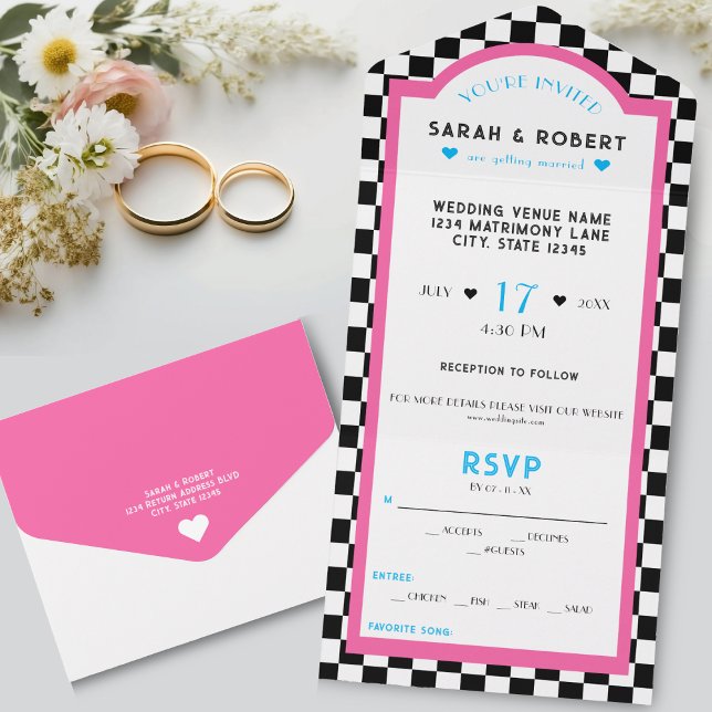 Retro Diner Checkerboard Pink & Blue Wedding All In One Invitation (Retro Diner Checkerboard Pink & Blue Wedding All In One Invitation)