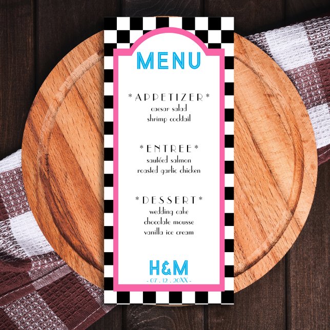 Retro Diner Checkerboard Pink Wedding Reception Menu (Retro Diner Checkerboard Pink Wedding Reception Menu)