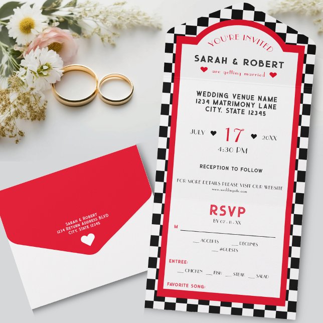 Retro Diner Checkerboard Red Black & White Wedding All In One Invitation (Retro Diner Checkerboard Red Black & White Wedding All In One Invitation)