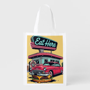 Retro Diner Eat Here Classic Car Burger T-Shirt Grocery Bag