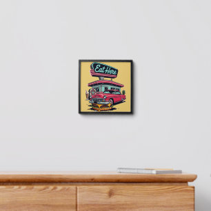 Retro Diner Eat Here Classic Car Burger T-Shirt Peel And Stick Photo Tile