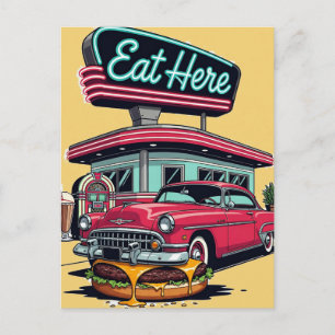 Retro Diner Eat Here Classic Car Burger T-Shirt Postcard