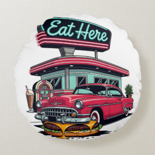 Retro Diner Eat Here Classic Car Burger T-Shirt Round Pillow
