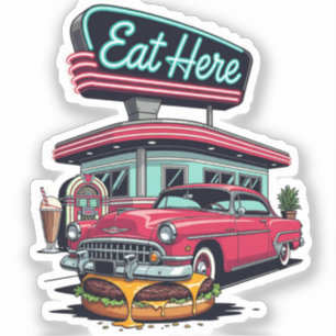Retro Diner Eat Here Classic Car Burger T-Shirt Sticker