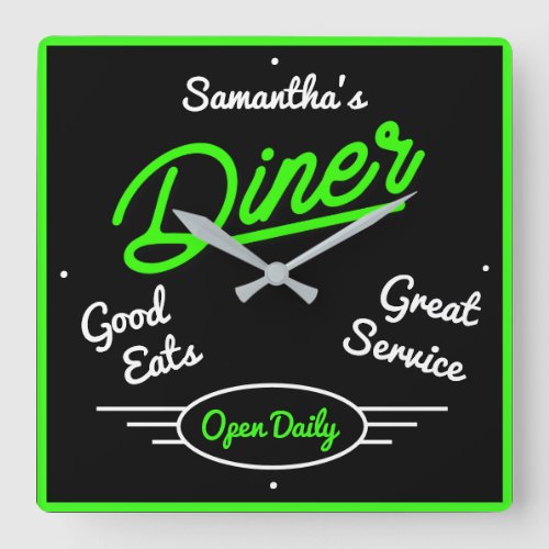 Retro Diner Fifties Green Neon Effect Any Name Square Wall Clock