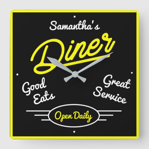 Retro Diner Fifties Yellow Neon Effect Any Name Square Wall Clock