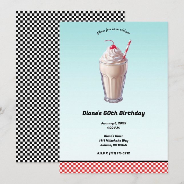 Retro Diner Milkshake Ice Cream Birthday Party Invitation (Front/Back)