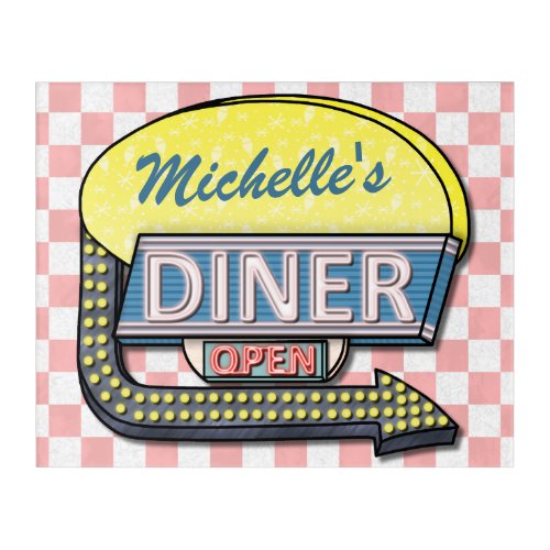 Retro Diner Sign 50s Pink Checkered Personalized Acrylic Print