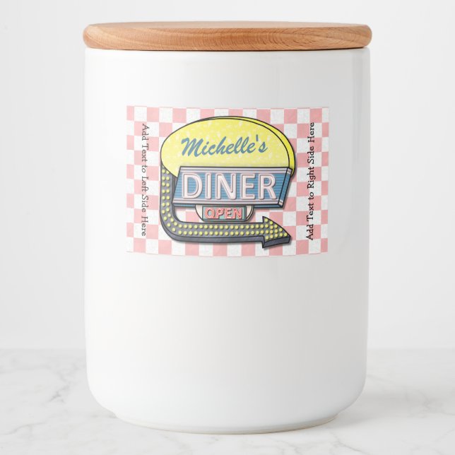 Retro Diner Sign 50s Pink Checkered Personalized Food Label (Front)
