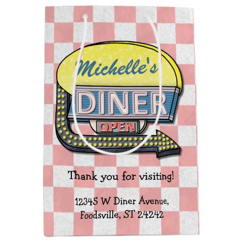 Retro Diner Sign 50s Pink Checkered Personalized Medium Gift Bag