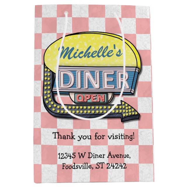 Retro Diner Sign 50s Pink Checkered Personalized Medium Gift Bag (Front)