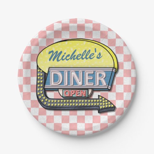 Retro Diner Sign 50s Pink Checkered Personalized Paper Plates