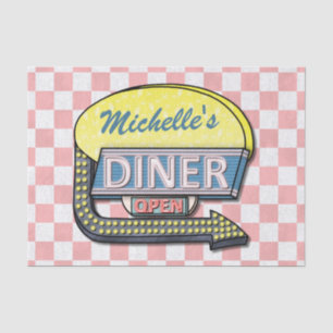 Retro Diner Sign 50s Pink Checkered Personalized Tissue Paper