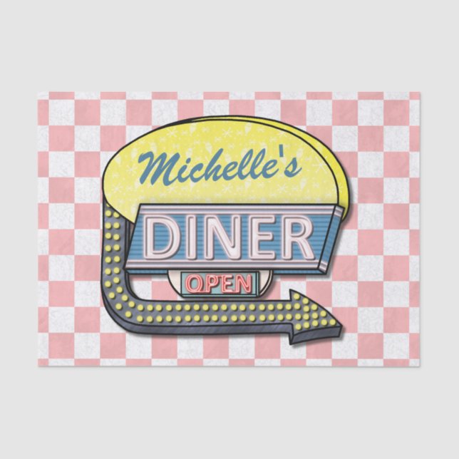 Retro Diner Sign 50s Pink Checkered Personalized Tissue Paper (Front)