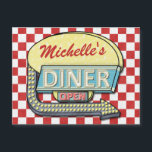 Retro Diner Sign 50s Red Checkered Personalized<br><div class="desc">This cool, retro 50s diner sign artwork can be easily personalized with your own name. The background is a slightly-distressed red-and-white checker pattern, and the 1950s-style sign on top says DINER and OPEN in neon with space for your first or last name at the top. The sign also has an...</div>