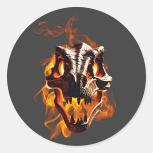 Retro Dinosaur Dead Burning Skull in Fire Classic Round Sticker