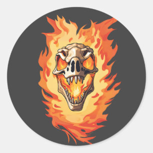  Retro Dinosaur Dead Burning Skull in Fire  Classic Round Sticker
