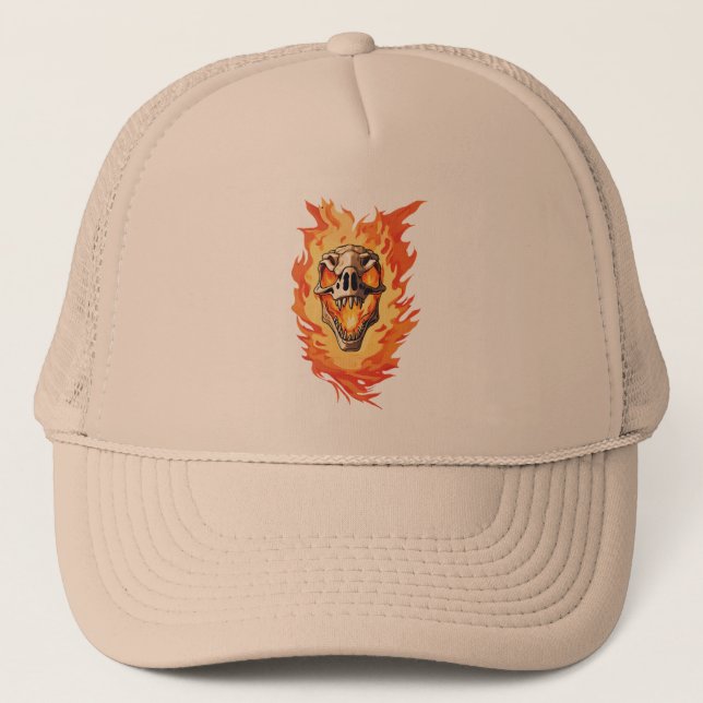  Retro Dinosaur Dead Burning Skull in Fire  Trucker Hat (Front)