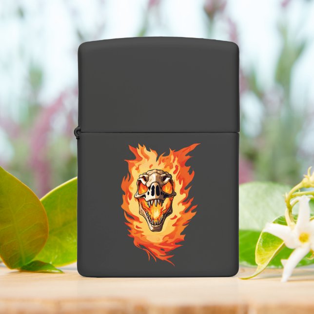  Retro Dinosaur Dead Burning Skull in Fire  Zippo Lighter (On Table)