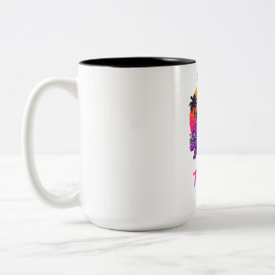 Retro Dinosaur Party in Neon Sunset Two-Tone Coffee Mug