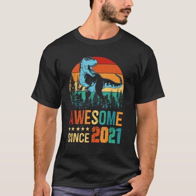 Retro Dinosaur Rex Awesome Since 2021 2nd Birthday T-Shirt (Front)