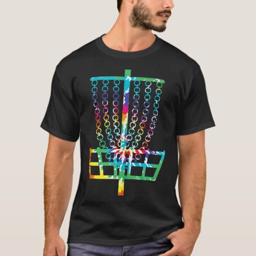 Retro Disc Golf Basket Hippie Rainbow Tie Dye Disc T_Shirt