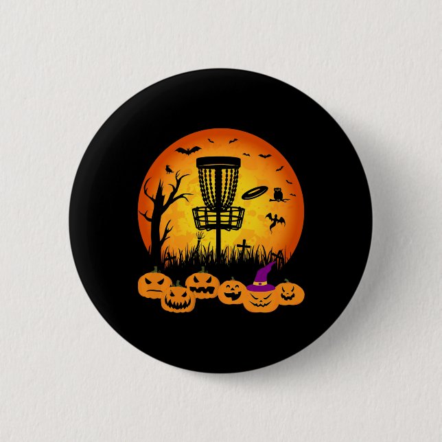 Retro Disc Golf Halloween Graveyard Scary Disc Gol Button (Front)