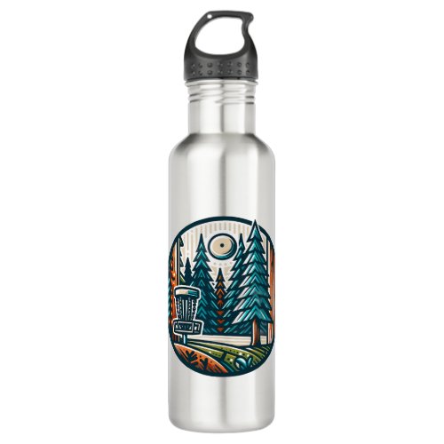 Retro Disc Golf Pin and Pine Trees Stainless Steel Water Bottle