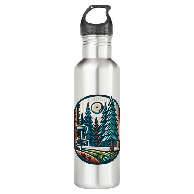 Retro Disc Golf Pin and Pine Trees Stainless Steel Water Bottle (Front)